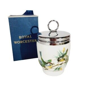 Royal Worcester Double Egg Coddler Porcelain Wren Finch Nature Woods England Vtg